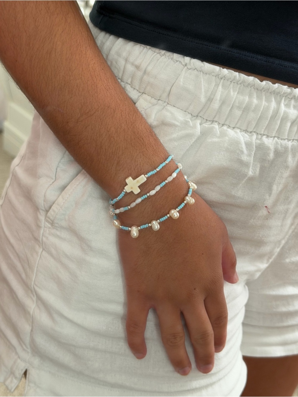 Light Blue Beaded Pearl Cross Bracelet Set